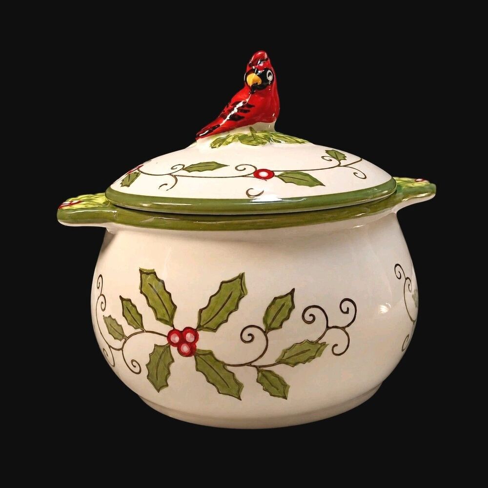 Vintage Temptations Holiday Red Cardinal & Holly Christmas Soup Bowl Dish w/ Lid